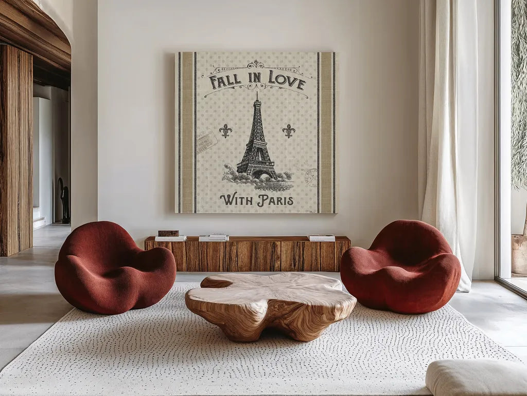 Paris Farmhouse II by Pela Studio. Shown as extra-large giant wall art in a modern living room. Available as an archival giclee rolled canvas, fine art paper, or poster print. SKU 49785a.