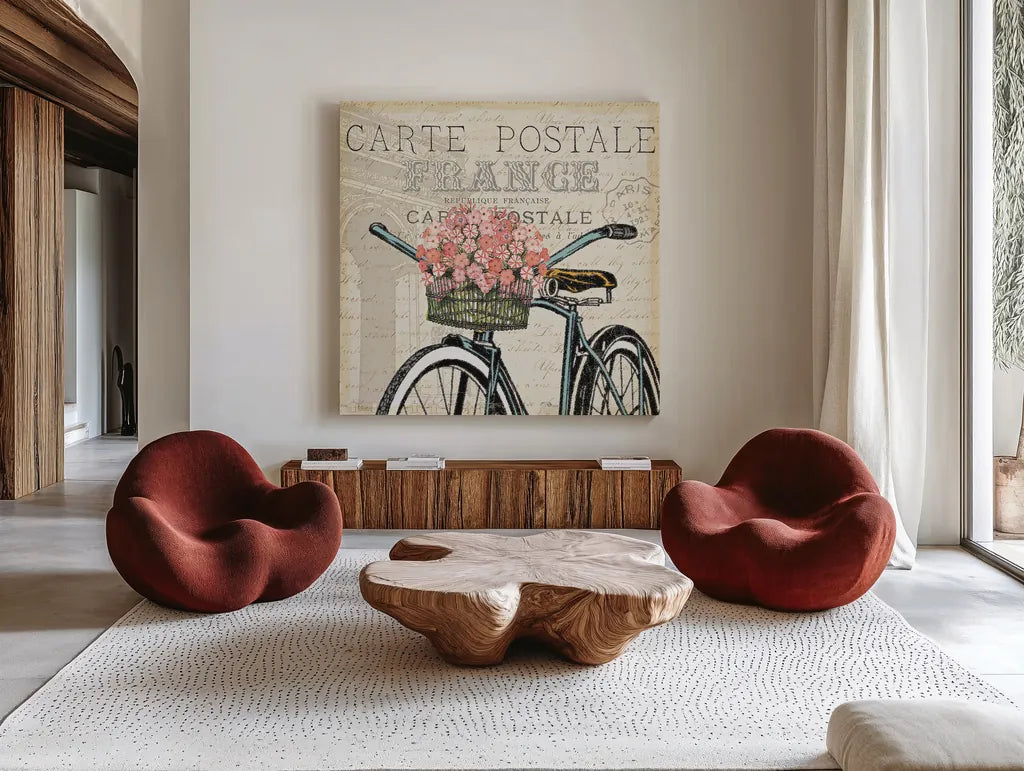 Paris Ride II by Pela Studio. Shown as extra-large giant wall art in a modern living room. Available as an archival giclee rolled canvas, fine art paper, or poster print. SKU 13538a.