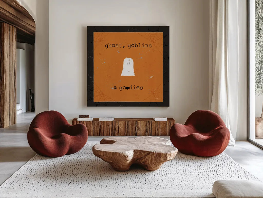 Spooky Cuties III Ghost by Pela Studio. Shown as extra-large giant wall art in a modern living room. Available as an archival giclee rolled canvas, fine art paper, or poster print. SKU 47501a.