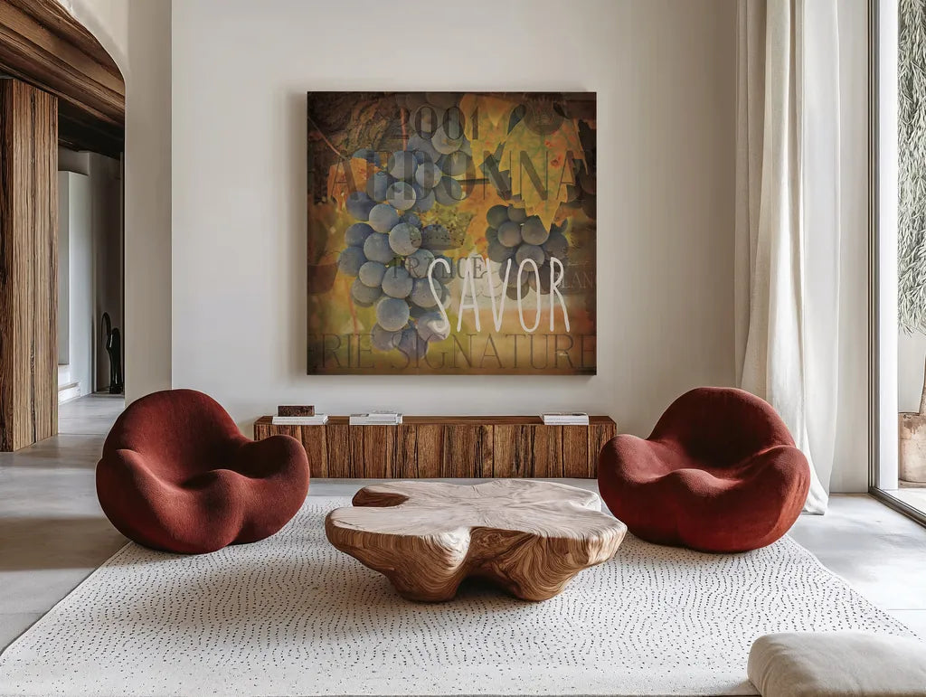 Wine Collage IV by Pela Studio. Shown as extra-large giant wall art in a modern living room. Available as an archival giclee rolled canvas, fine art paper, or poster print. SKU 20501a.