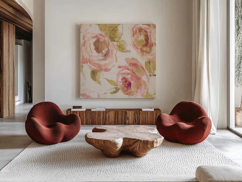Touch of Rose II by Pela. Shown as extra-large giant wall art in a modern living room. Available as an archival giclee rolled canvas, fine art paper, or poster print. SKU 20743a.