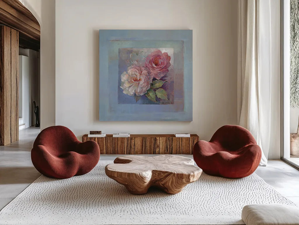 Roses on Blue I by Peter McGowan. Shown as extra-large giant wall art in a modern living room. Available as an archival giclee rolled canvas, fine art paper, or poster print. SKU 1246a.