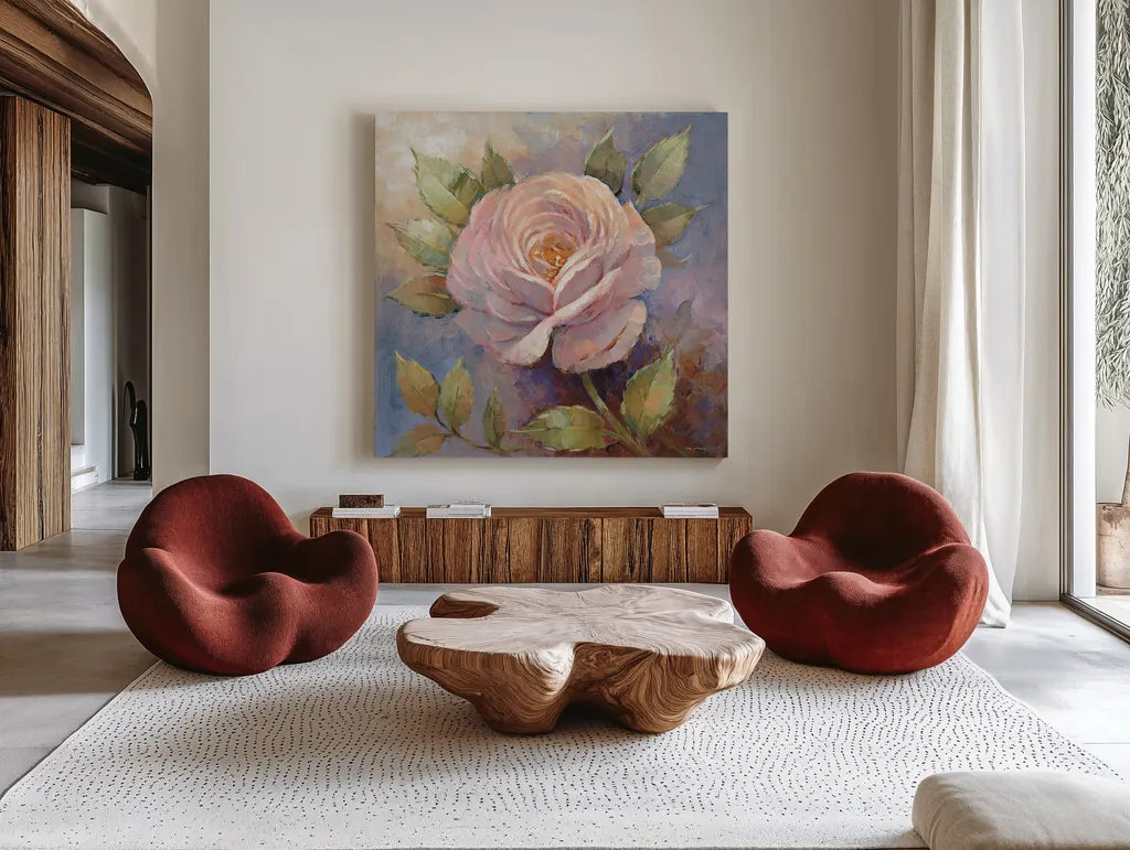 Roses on Blue IV Crop by Peter McGowan. Shown as extra-large giant wall art in a modern living room. Available as an archival giclee rolled canvas, fine art paper, or poster print. SKU 32568a.
