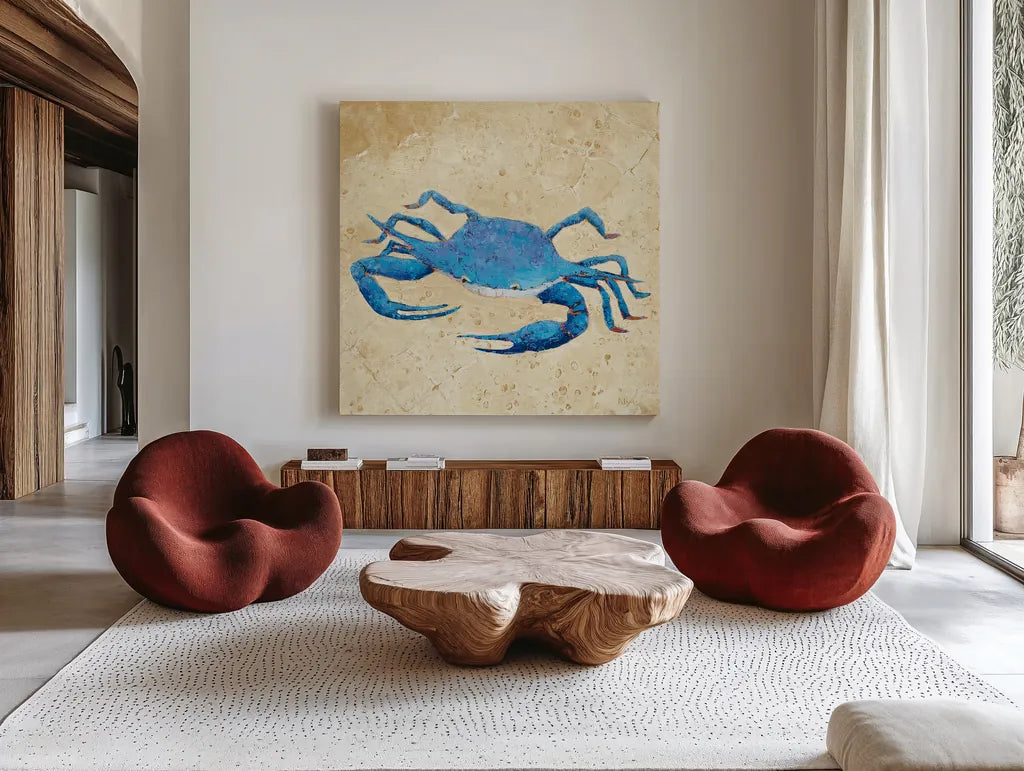 Blue Crab V Neutral Crop by Phyllis Adams. Shown as extra-large giant wall art in a modern living room. Available as an archival giclee rolled canvas, fine art paper, or poster print. SKU 27727a.