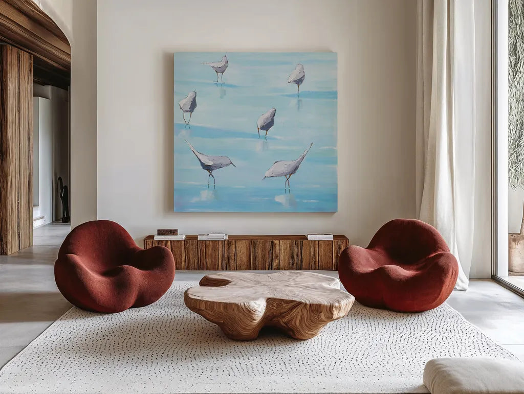 By the Waters Edge by Phyllis Adams. Shown as extra-large giant wall art in a modern living room. Available as an archival giclee rolled canvas, fine art paper, or poster print. SKU 27236a.