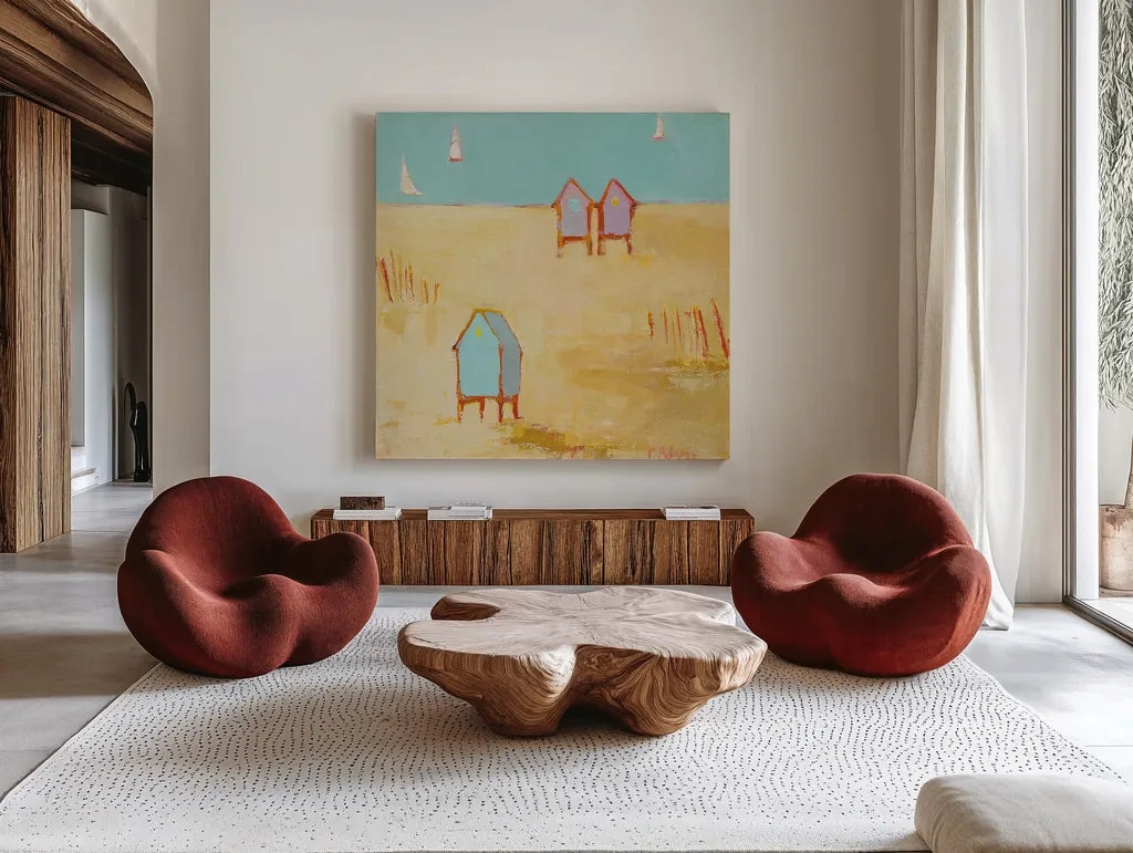 Cabanas by Phyllis Adams. Shown as extra-large giant wall art in a modern living room. Available as an archival giclee rolled canvas, fine art paper, or poster print. SKU 27248a.