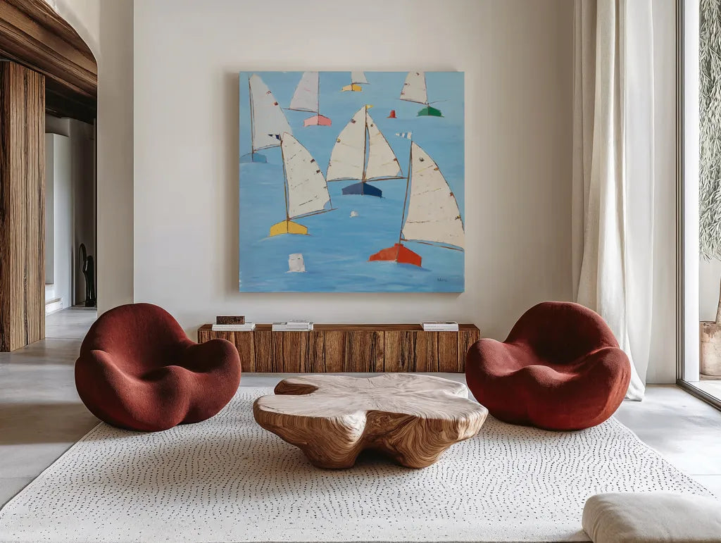 Colorful Regatta V by Phyllis Adams. Shown as extra-large giant wall art in a modern living room. Available as an archival giclee rolled canvas, fine art paper, or poster print. SKU 88627a.
