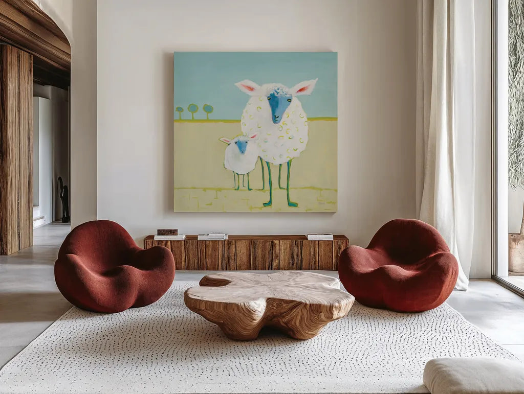 Colorful Sheep by Phyllis Adams. Shown as extra-large giant wall art in a modern living room. Available as an archival giclee rolled canvas, fine art paper, or poster print. SKU 61809a.
