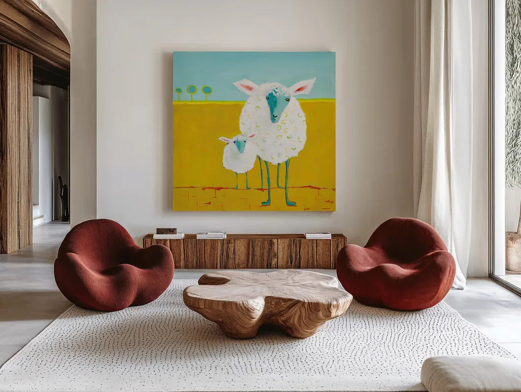 Mama and Baby Sheep by Phyllis Adams. Shown as extra-large giant wall art in a modern living room. Available as an archival giclee rolled canvas, fine art paper, or poster print. SKU 27255a.
