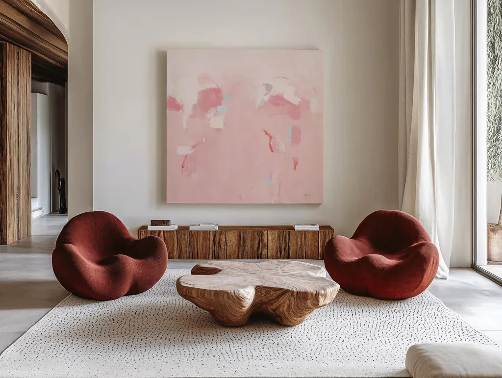 Splash Pink by Phyllis Adams. Shown as extra-large giant wall art in a modern living room. Available as an archival giclee rolled canvas, fine art paper, or poster print. SKU 70990a.