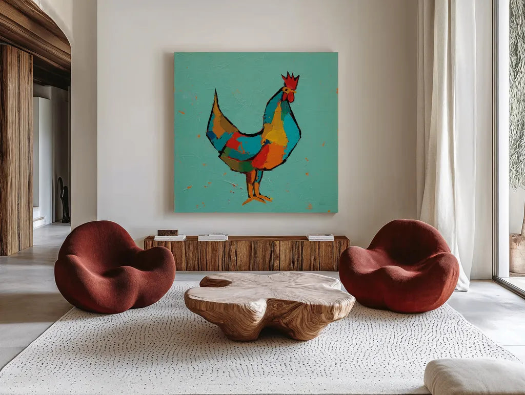 The Strutter by Phyllis Adams. Shown as extra-large giant wall art in a modern living room. Available as an archival giclee rolled canvas, fine art paper, or poster print. SKU 45894a.