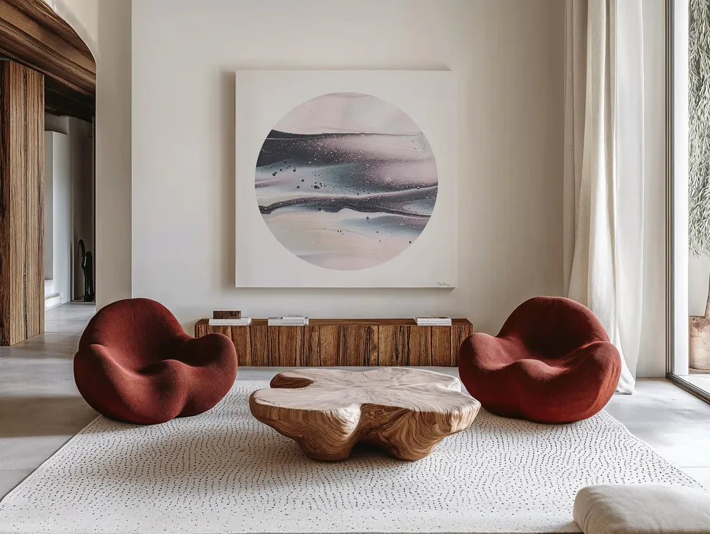 Dark Matter I by Piper Rhue. Shown as extra-large giant wall art in a modern living room. Available as an archival giclee rolled canvas, fine art paper, or poster print. SKU 30500a.