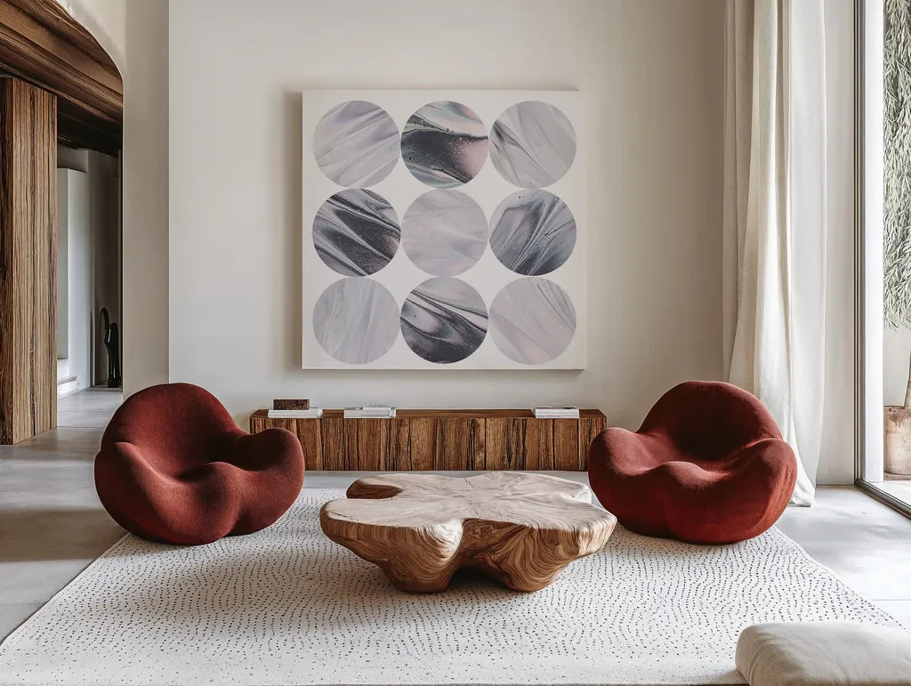 Dark Matter IV by Piper Rhue. Shown as extra-large giant wall art in a modern living room. Available as an archival giclee rolled canvas, fine art paper, or poster print. SKU 30503a.
