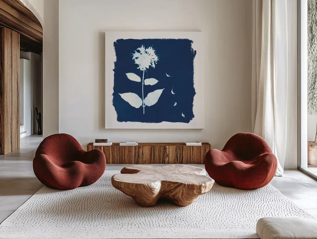 Nature By The Lake - Flowers II by Piper Rhue. Shown as extra-large giant wall art in a modern living room. Available as an archival giclee rolled canvas, fine art paper, or poster print. SKU 50090a.