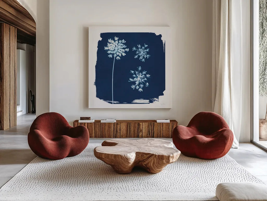 Nature By The Lake - Flowers III by Piper Rhue. Shown as extra-large giant wall art in a modern living room. Available as an archival giclee rolled canvas, fine art paper, or poster print. SKU 50091a.