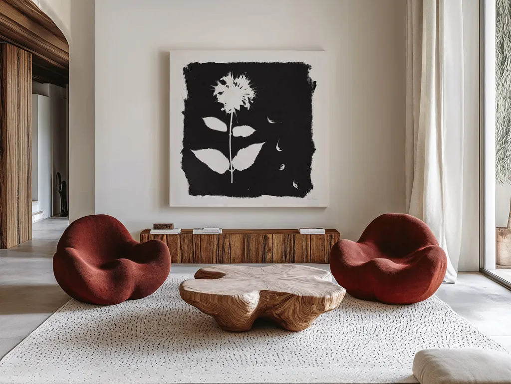 Nature by the Lake Flowers II Black by Piper Rhue. Shown as extra-large giant wall art in a modern living room. Available as an archival giclee rolled canvas, fine art paper, or poster print. SKU 51200a.