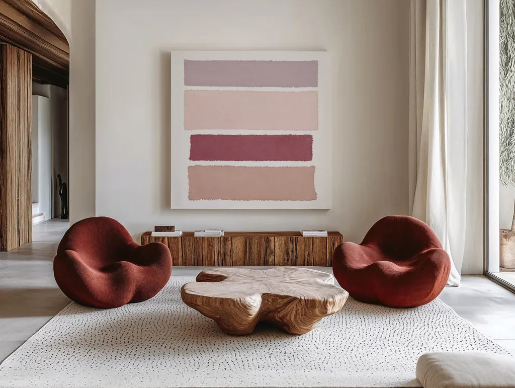 Painted Weaving I Mesa on White Sq by Piper Rhue. Shown as extra-large giant wall art in a modern living room. Available as an archival giclee rolled canvas, fine art paper, or poster print. SKU 43225a.