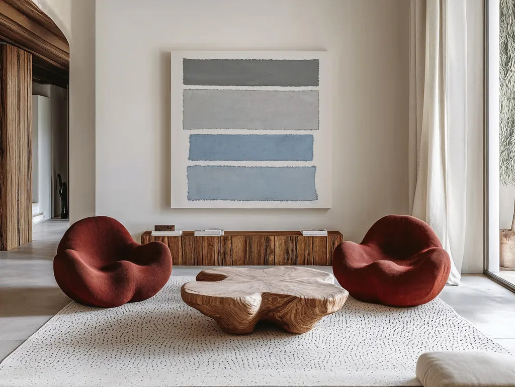 Painted Weaving I on White Sq by Piper Rhue. Shown as extra-large giant wall art in a modern living room. Available as an archival giclee rolled canvas, fine art paper, or poster print. SKU 32579a.