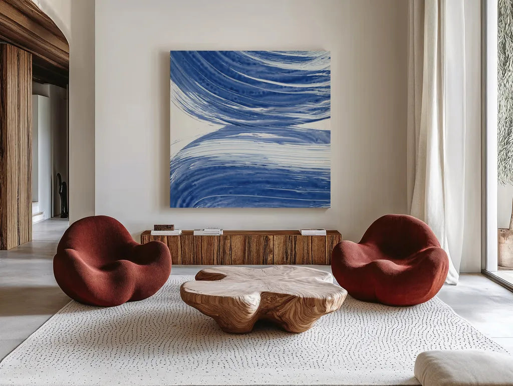 Swirl II by Piper Rhue. Shown as extra-large giant wall art in a modern living room. Available as an archival giclee rolled canvas, fine art paper, or poster print. SKU 32793a.