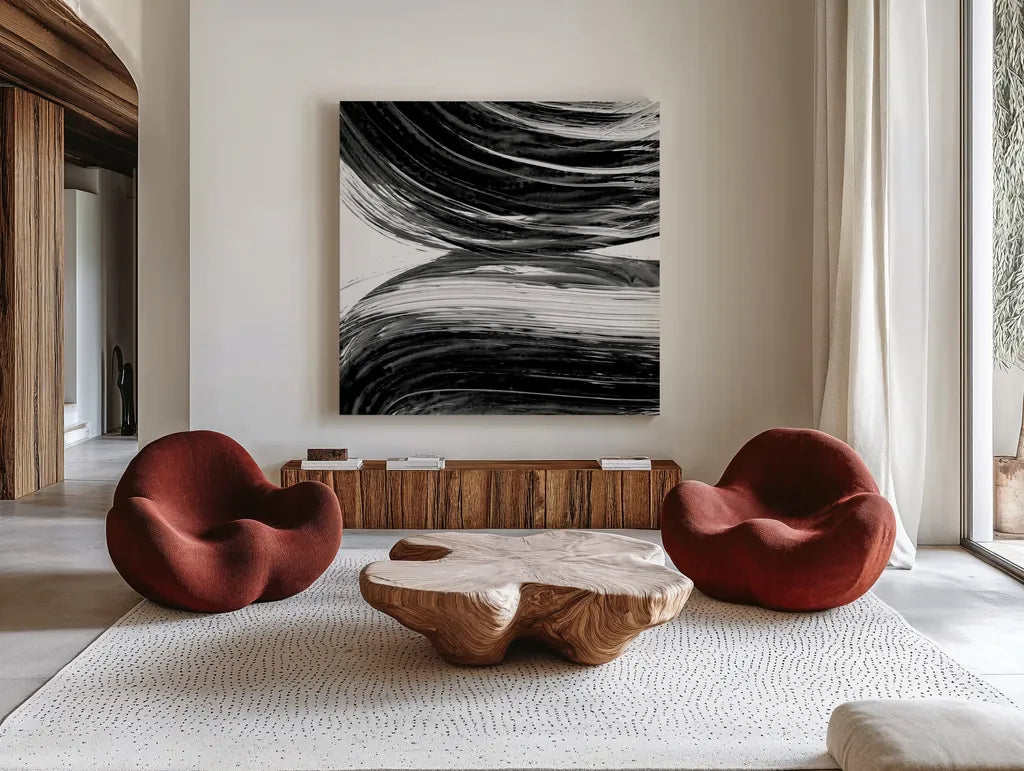 Swirl II BW by Piper Rhue. Shown as extra-large giant wall art in a modern living room. Available as an archival giclee rolled canvas, fine art paper, or poster print. SKU 86082a.