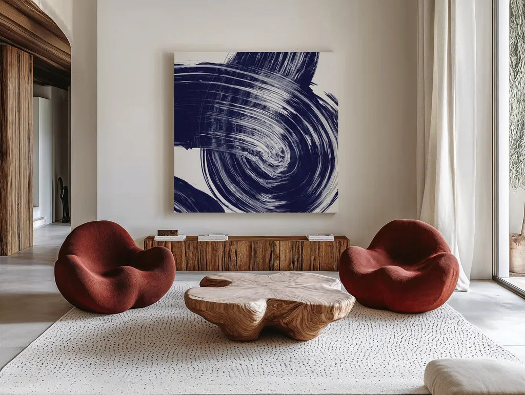 Swirl IV Navy by Piper Rhue. Shown as extra-large giant wall art in a modern living room. Available as an archival giclee rolled canvas, fine art paper, or poster print. SKU 88497a.
