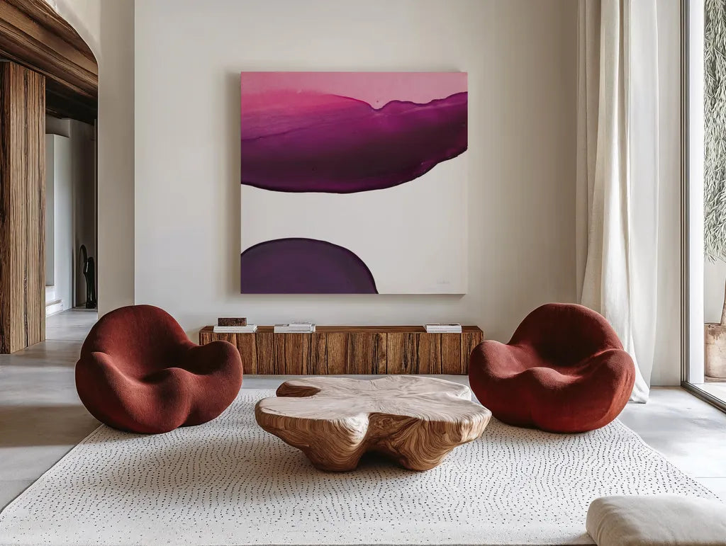 Swish of Magenta III by Piper Rhue. Shown as extra-large giant wall art in a modern living room. Available as an archival giclee rolled canvas, fine art paper, or poster print. SKU 34928a.