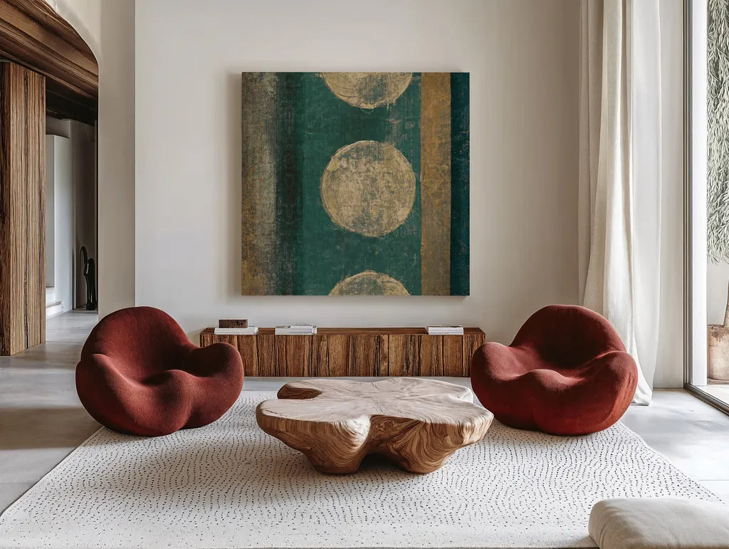 Bora Blue Square I by Roque Silva. Shown as extra-large giant wall art in a modern living room. Available as an archival giclee rolled canvas, fine art paper, or poster print. SKU 42454a.