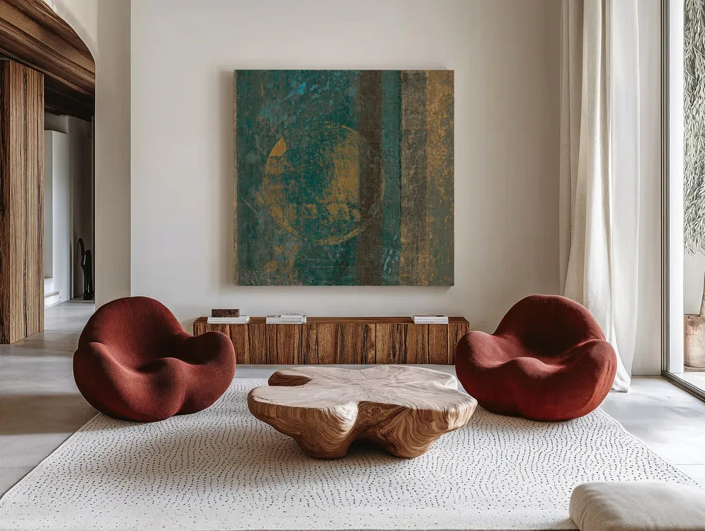 Bora Blue Square III by Roque Silva. Shown as extra-large giant wall art in a modern living room. Available as an archival giclee rolled canvas, fine art paper, or poster print. SKU 42456a.