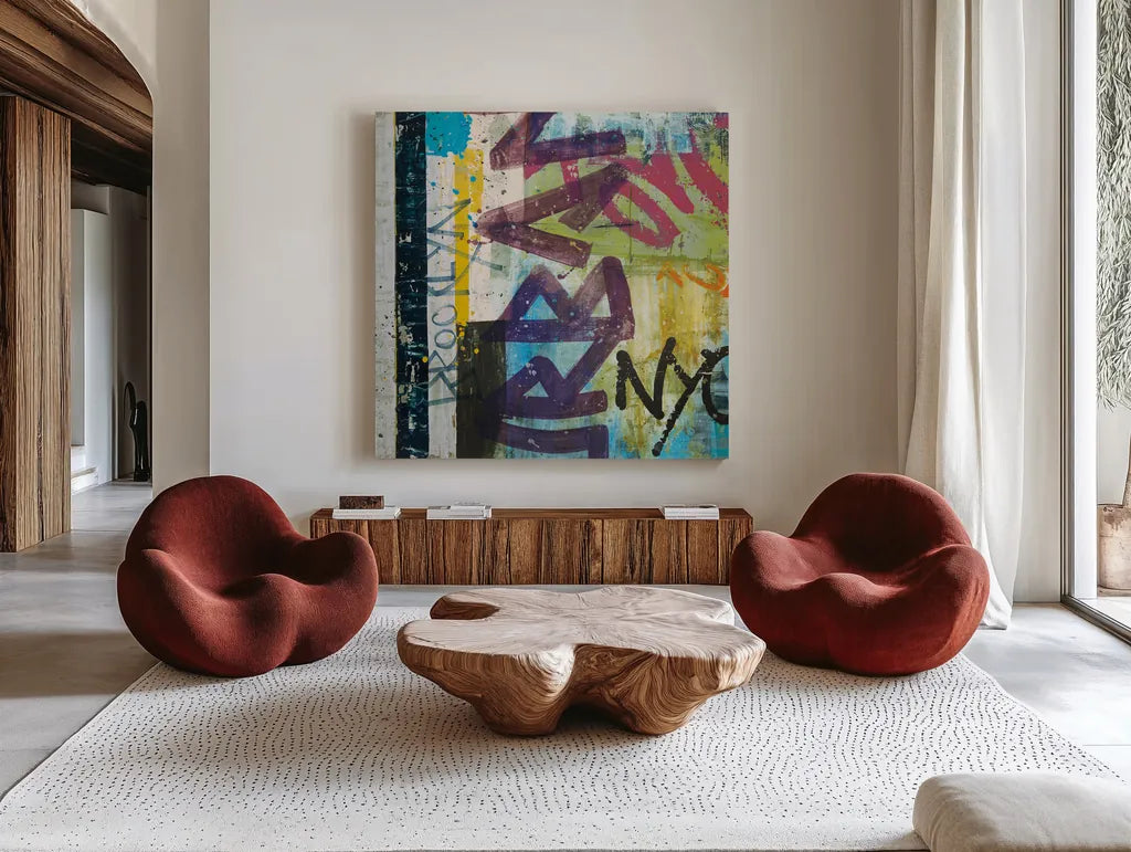 City Graffiti by Roque Silva. Shown as extra-large giant wall art in a modern living room. Available as an archival giclee rolled canvas, fine art paper, or poster print. SKU 62307a.