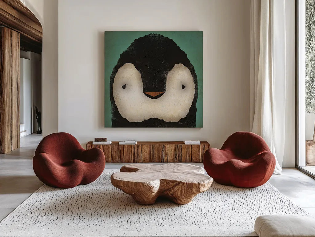 Baby Penguin by Ryan Fowler. Shown as extra-large giant wall art in a modern living room. Available as an archival giclee rolled canvas, fine art paper, or poster print. SKU 24548a.