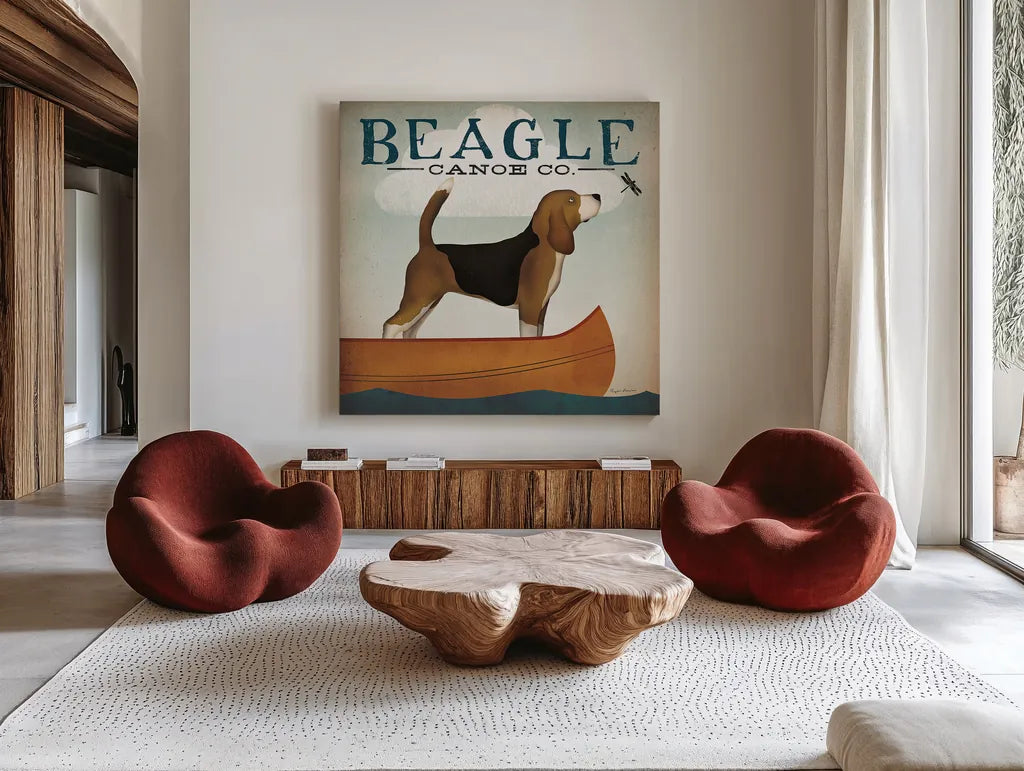 Beagle Canoe Co by Ryan Fowler. Shown as extra-large giant wall art in a modern living room. Available as an archival giclee rolled canvas, fine art paper, or poster print. SKU 13366a.