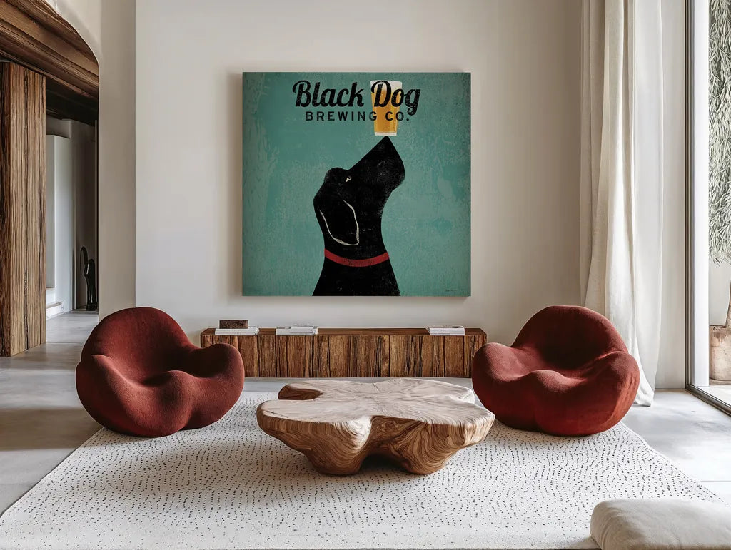 Black Dog Brewing Co Square by Ryan Fowler. Shown as extra-large giant wall art in a modern living room. Available as an archival giclee rolled canvas, fine art paper, or poster print. SKU 9815a.
