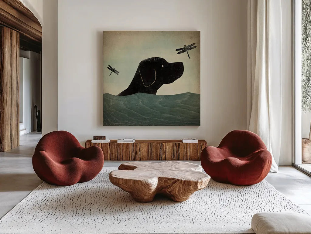 Black Dog Swim by Ryan Fowler. Shown as extra-large giant wall art in a modern living room. Available as an archival giclee rolled canvas, fine art paper, or poster print. SKU 15624a.