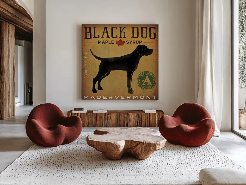 Black Dog at Show by Ryan Fowler. Shown as extra-large giant wall art in a modern living room. Available as an archival giclee rolled canvas, fine art paper, or poster print. SKU 15016a.