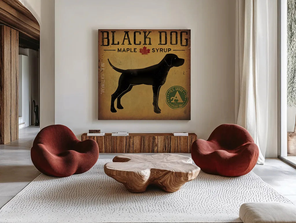 Black Dog at Show No VT by Ryan Fowler. Shown as extra-large giant wall art in a modern living room. Available as an archival giclee rolled canvas, fine art paper, or poster print. SKU 31005a.