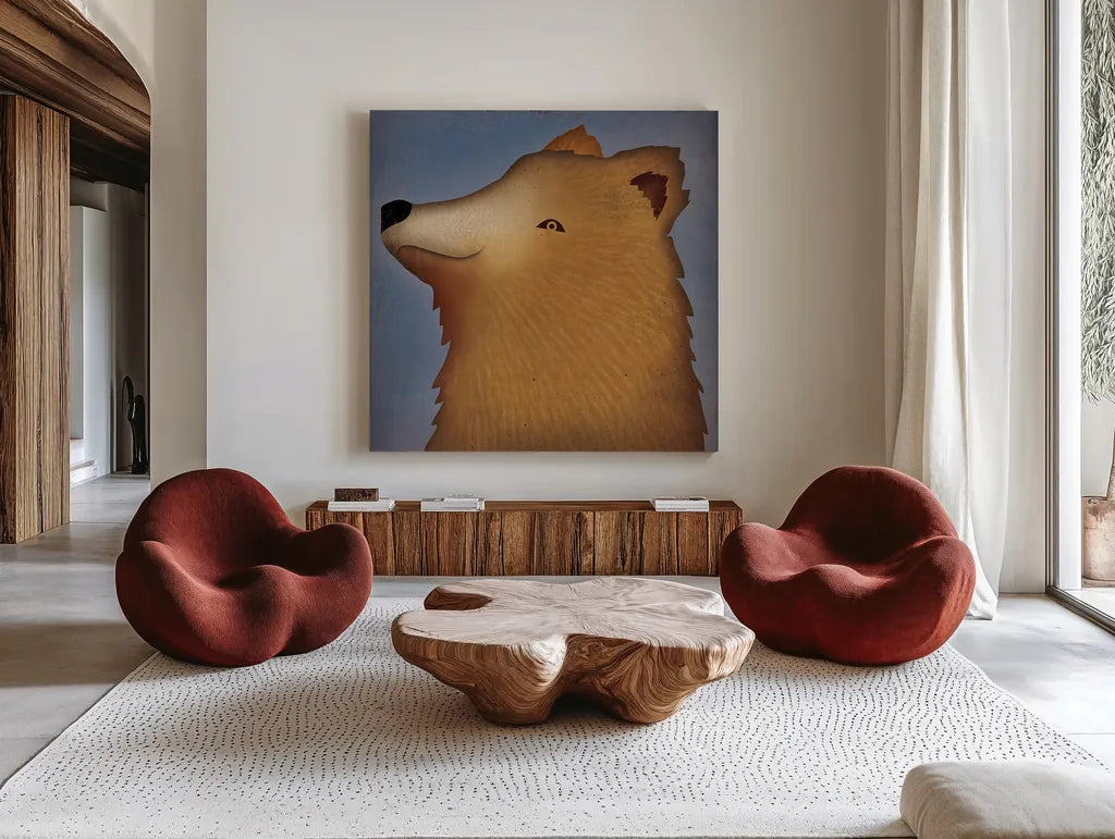 Brown Bear Wow by Ryan Fowler. Shown as extra-large giant wall art in a modern living room. Available as an archival giclee rolled canvas, fine art paper, or poster print. SKU 12198a.