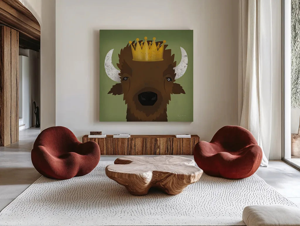 Buffalo III with Crown by Ryan Fowler. Shown as extra-large giant wall art in a modern living room. Available as an archival giclee rolled canvas, fine art paper, or poster print. SKU 35510a.