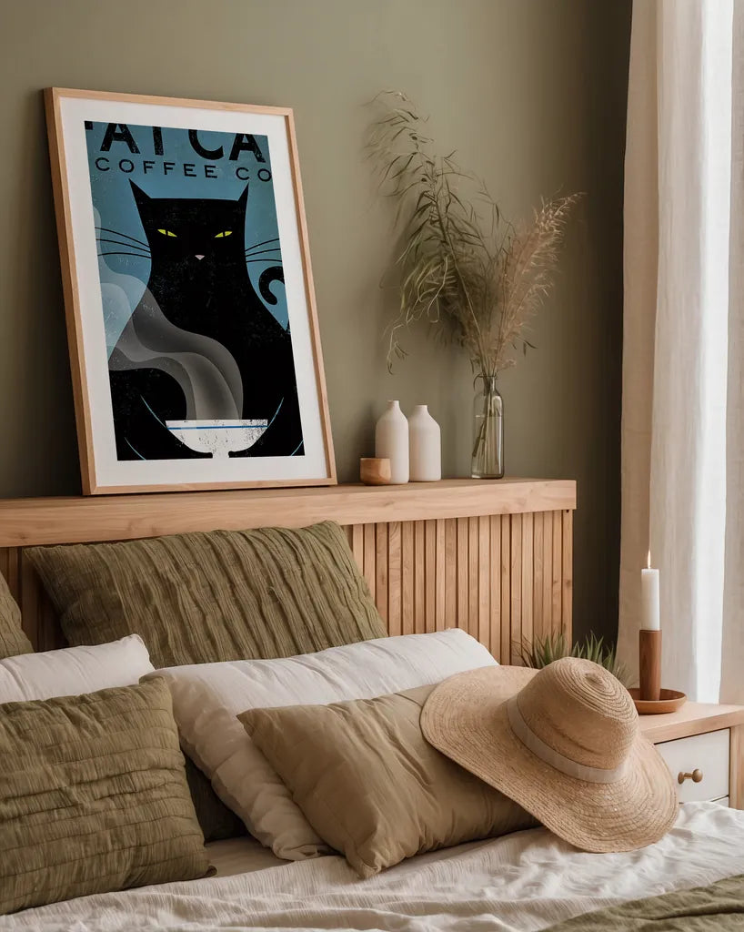 Cat Coffee by Ryan Fowler. shown as a paper print in a natural frame. Available as a archival giclee rolled canvas, fine art paper, or poster print. SKU 22337h.