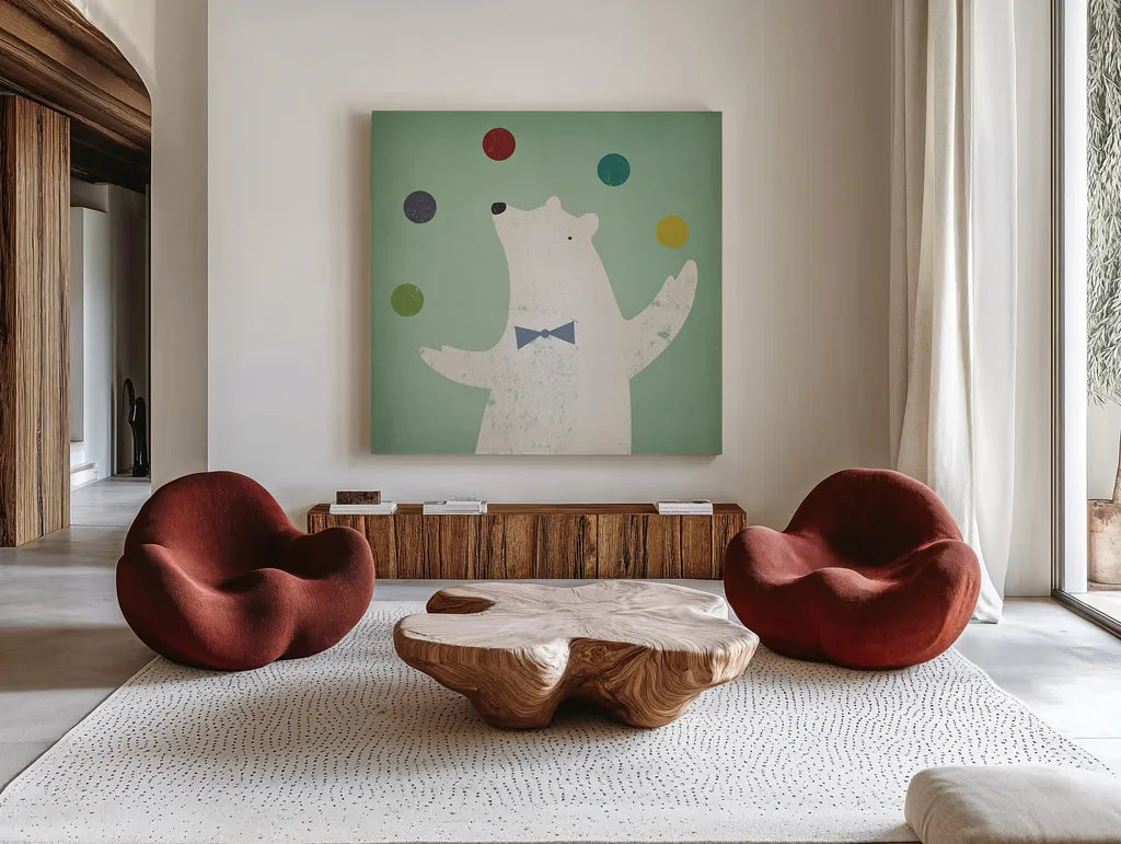 Circus Polar Bear by Ryan Fowler. Shown as extra-large giant wall art in a modern living room. Available as an archival giclee rolled canvas, fine art paper, or poster print. SKU 18597a.
