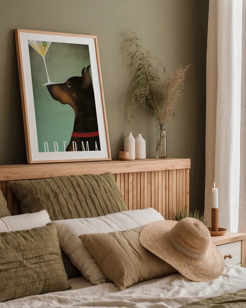 Doberman Martini by Ryan Fowler. shown as a paper print in a natural frame. Available as a archival giclee rolled canvas, fine art paper, or poster print. SKU 31277h.