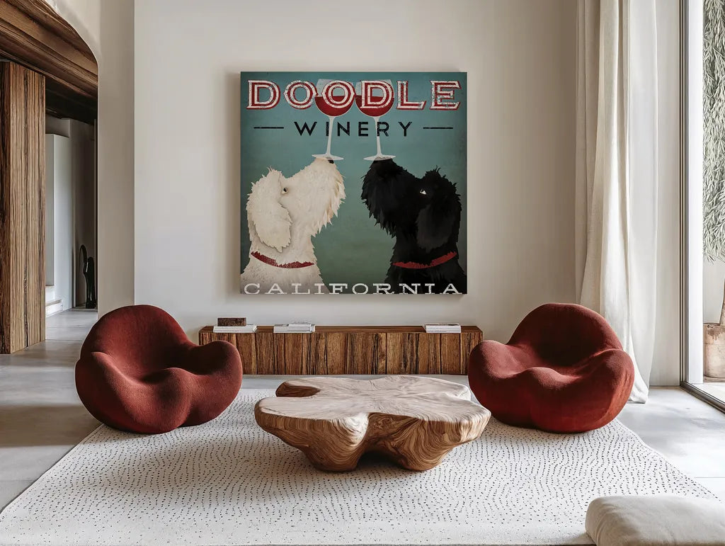 Doodle Wine by Ryan Fowler. Shown as extra-large giant wall art in a modern living room. Available as an archival giclee rolled canvas, fine art paper, or poster print. SKU 15623a.
