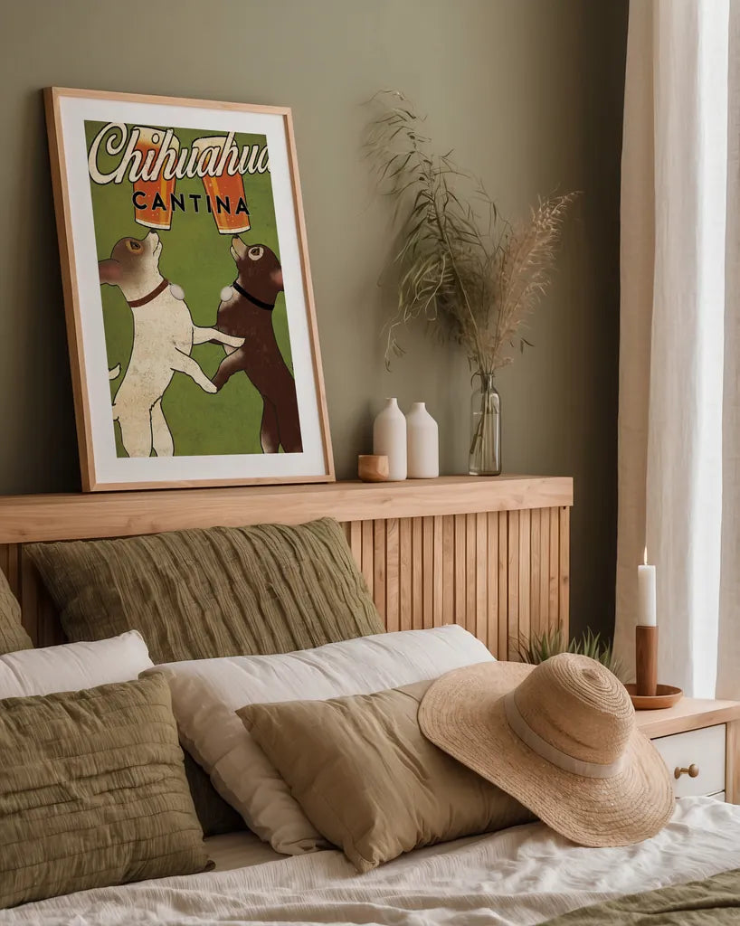 Double Chihuahua by Ryan Fowler. shown as a paper print in a natural frame. Available as a archival giclee rolled canvas, fine art paper, or poster print. SKU 31311h.