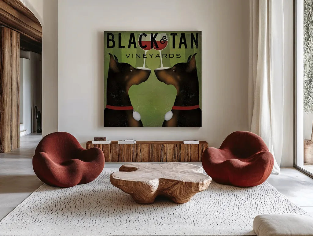 Double Doberman Vineyards by Ryan Fowler. Shown as extra-large giant wall art in a modern living room. Available as an archival giclee rolled canvas, fine art paper, or poster print. SKU 22888a.