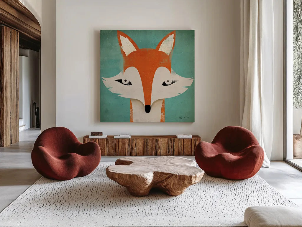 Fox by Ryan Fowler. Shown as extra-large giant wall art in a modern living room. Available as an archival giclee rolled canvas, fine art paper, or poster print. SKU 11613a.