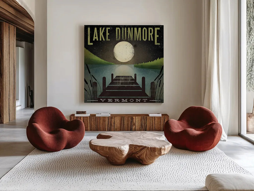 Lake Dunmore Dock Yellow by Ryan Fowler. Shown as extra-large giant wall art in a modern living room. Available as an archival giclee rolled canvas, fine art paper, or poster print. SKU 27785a.