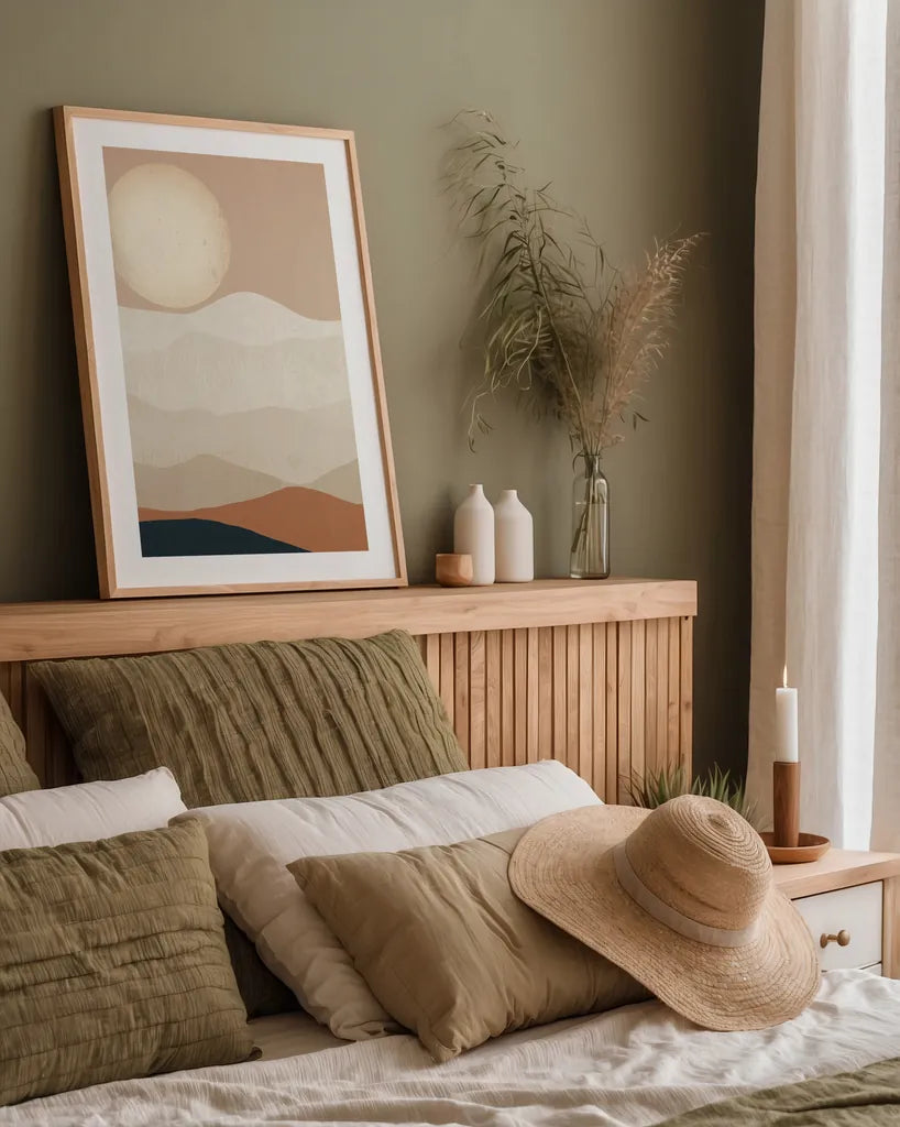 Mojave Mountains and Moon Crop by Ryan Fowler. shown as a paper print in a natural frame. Available as a archival giclee rolled canvas, fine art paper, or poster print. SKU 57931h.