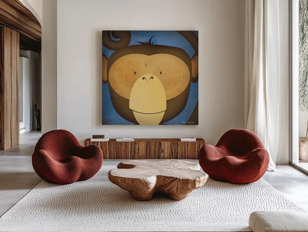 Monkey Wow by Ryan Fowler. Shown as extra-large giant wall art in a modern living room. Available as an archival giclee rolled canvas, fine art paper, or poster print. SKU 12203a.