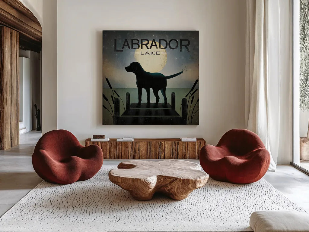 Moonrise Black Dog - Labrador Lake by Ryan Fowler. Shown as extra-large giant wall art in a modern living room. Available as an archival giclee rolled canvas, fine art paper, or poster print. SKU 11858a.