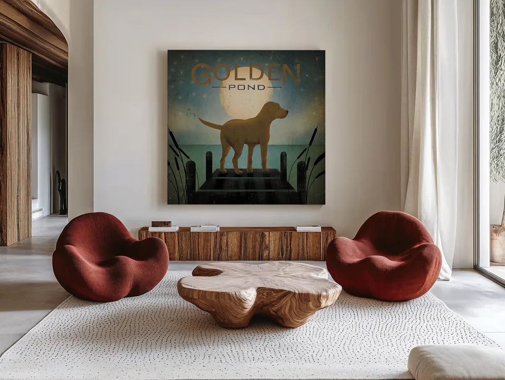 Moonrise Yellow Dog - Golden Pond by Ryan Fowler. Shown as extra-large giant wall art in a modern living room. Available as an archival giclee rolled canvas, fine art paper, or poster print. SKU 11857a.
