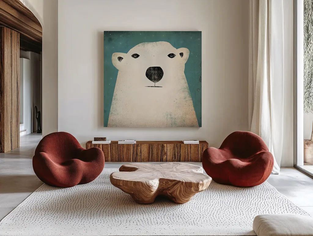 Polar Bear by Ryan Fowler. Shown as extra-large giant wall art in a modern living room. Available as an archival giclee rolled canvas, fine art paper, or poster print. SKU 11614a.